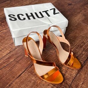 SCHUTZ Metallic Orange Strappy Block Heel Sandals
